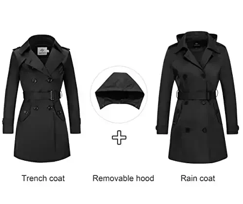 FARVALUE Women's Waterproof Trench Coat Double Breasted Windbreaker Classic Belted Lapel Overcoat with Removable Hood - 3