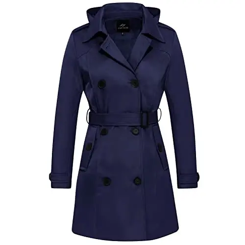 FARVALUE Women's Waterproof Trench Coat Double Breasted Windbreaker Classic Belted Lapel Overcoat with Removable Hood - FARVALUE