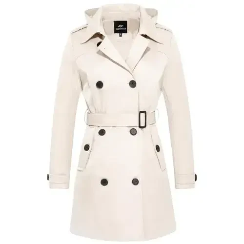 FARVALUE Women's Waterproof Trench Coat Double Breasted Windbreaker Classic Belted Lapel Overcoat with Removable Hood - MODAZONE