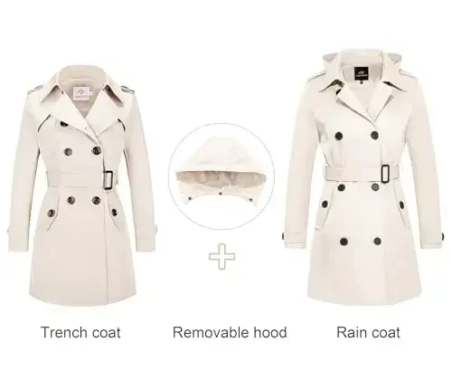 FARVALUE Women's Waterproof Trench Coat Double Breasted Windbreaker Classic Belted Lapel Overcoat with Removable Hood - 3