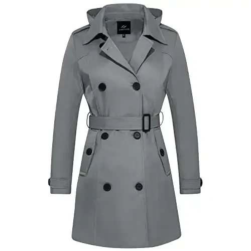 FARVALUE Women's Waterproof Trench Coat Double Breasted Windbreaker Classic Belted Lapel Overcoat with Removable Hood - MODAZONE