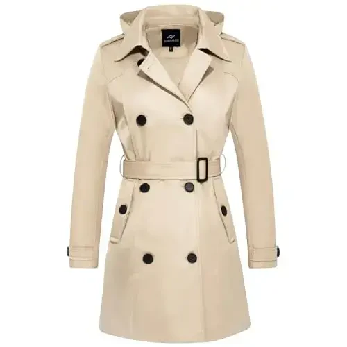 FARVALUE Women's Waterproof Trench Coat Double Breasted Windbreaker Classic Belted Lapel Overcoat with Removable Hood - MODAZONE