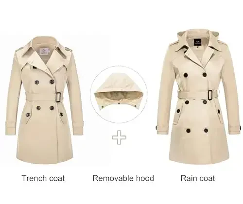 FARVALUE Women's Waterproof Trench Coat Double Breasted Windbreaker Classic Belted Lapel Overcoat with Removable Hood - 3