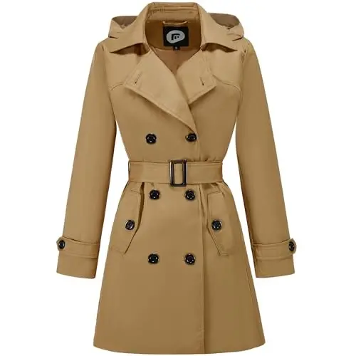 FARVALUE Women's Waterproof Trench Coat Double Breasted Windbreaker Classic Belted Lapel Overcoat with Removable Hood - 1