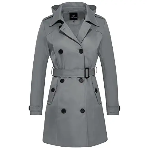 FARVALUE Women's Waterproof Trench Coat Double Breasted Windbreaker Classic Belted Lapel Overcoat with Removable Hood - FARVALUE
