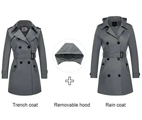 FARVALUE Women's Waterproof Trench Coat Double Breasted Windbreaker Classic Belted Lapel Overcoat with Removable Hood - 3