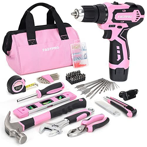 FASTPRO 175-Piece 12V Pink Drill Set, Cordless Lithium-ion Driver and Tool Kit, House Repairing Tool with 12-Inch Storage Bag, For DIY, Home Maintenance. - 1