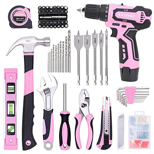 FASTPRO 175-Piece 12V Pink Drill Set, Cordless Lithium-ion Driver and Tool Kit, House Repairing Tool with 12-Inch Storage Bag, For DIY, Home Maintenance. - 2