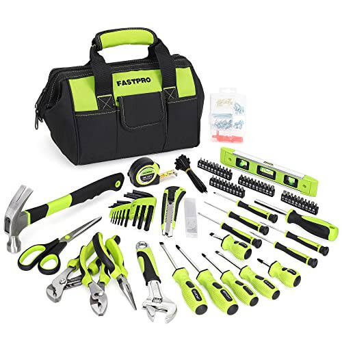 FASTPRO 220-Piece Home Tool Set, Household Repairing Tool Kit, with 12-Inch Wide Mouth Open Storage Tool Bag, Green - 1