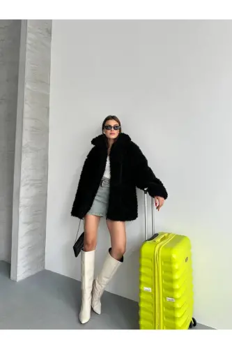 Faux Fur Black Plush Jacket - Black Lamb 