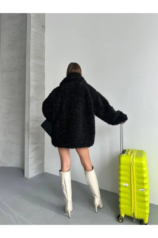 Faux Fur Black Plush Jacket - Black Lamb - 3