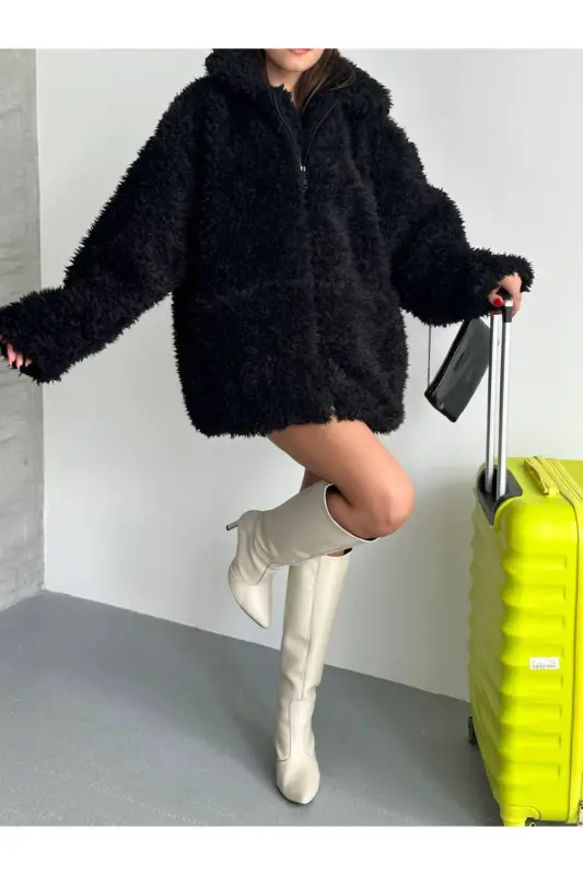Faux Fur Black Plush Jacket - Black Lamb - 5
