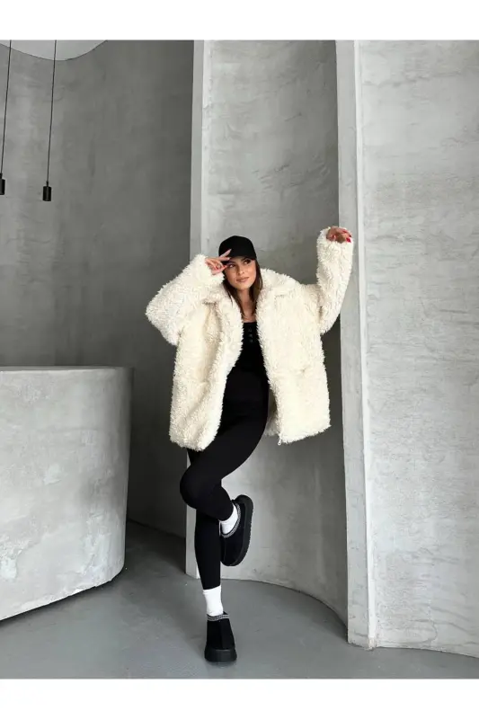 Faux Fur Black Plush Jacket - White Lamb - 1