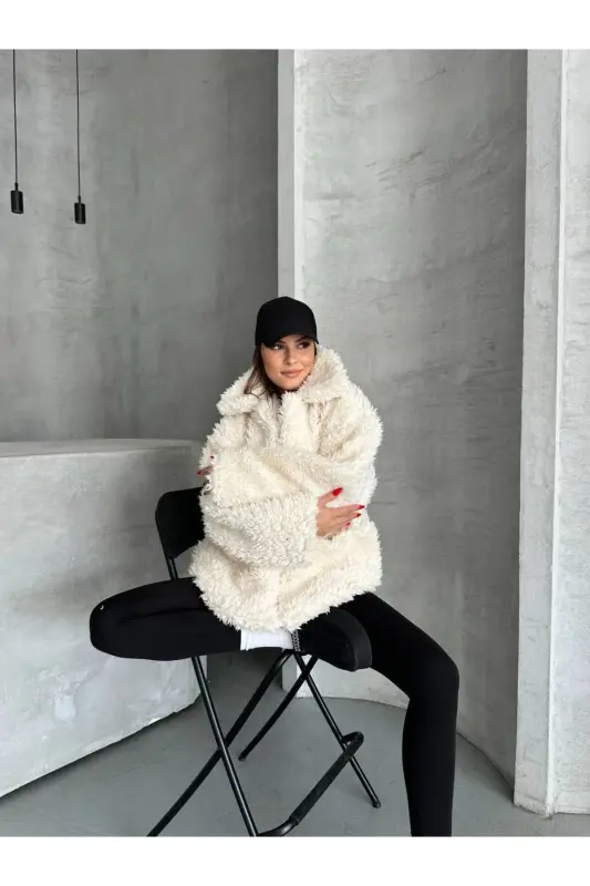 Faux Fur Black Plush Jacket - White Lamb - 3