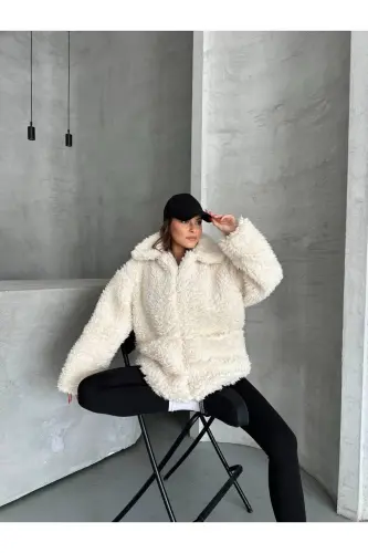 Faux Fur Black Plush Jacket - White Lamb - 6
