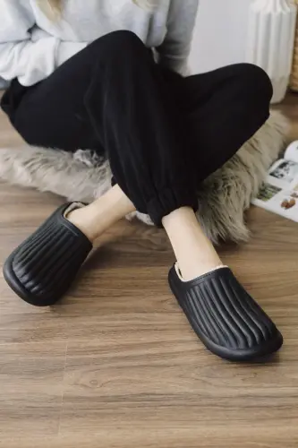 Faux Fur Lined House Slippers Plush Wool Women's Winter Slippers Guest Dowry Bundle Bride Slippers-Black - 3