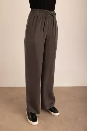 Faux Fur Trimmed Woven Waistband Elastic Pants - 4