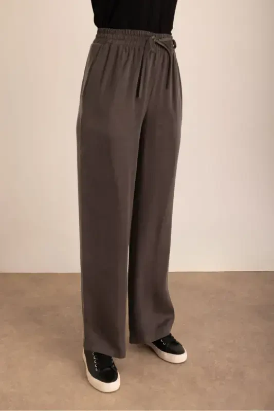 Faux Fur Trimmed Woven Waistband Elastic Pants - 4