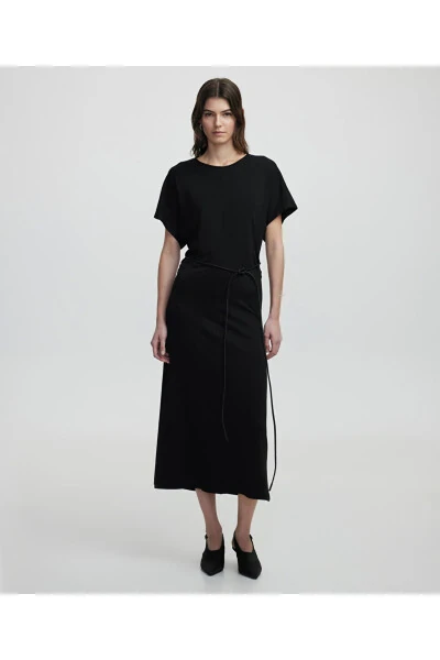 Faux leather belt dress - İPEKYOL