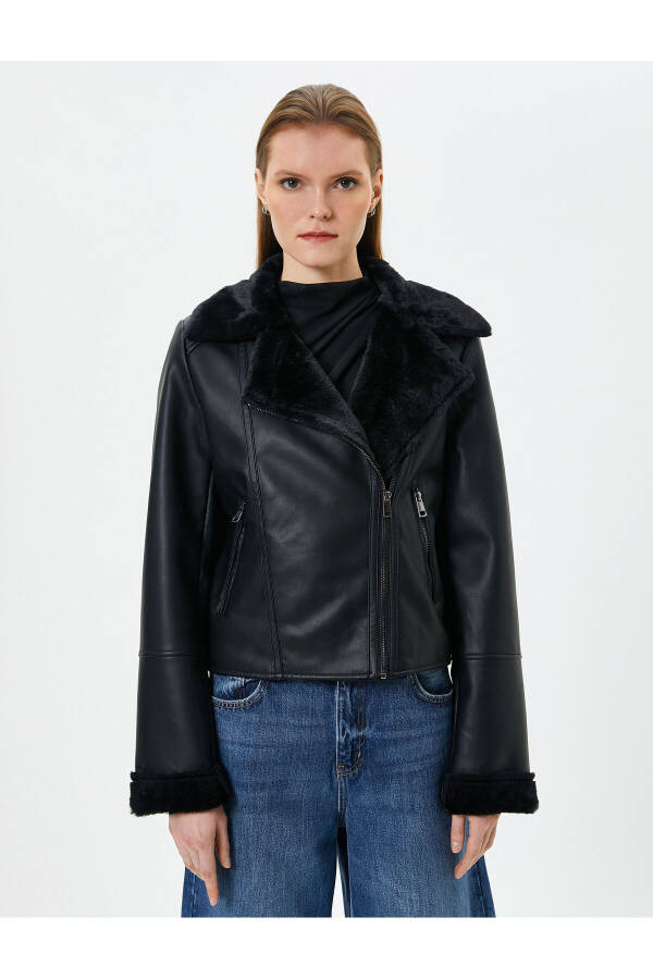 Faux Leather Biker Jacket with Faux Fur Lining and Zipper - 11