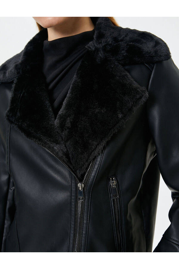 Faux Leather Biker Jacket with Faux Fur Lining and Zipper - 13