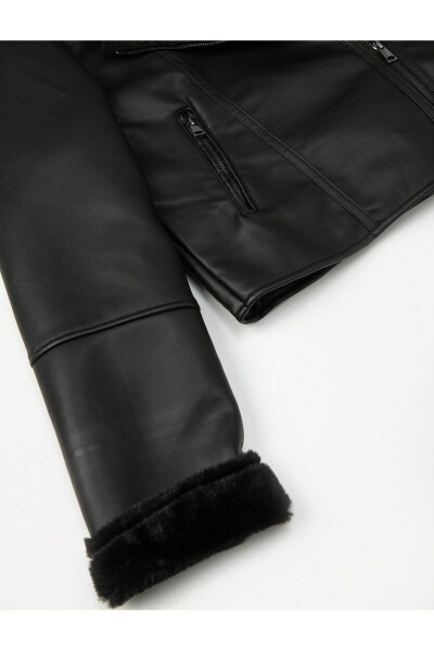 Faux Leather Biker Jacket with Faux Fur Lining and Zipper - 15