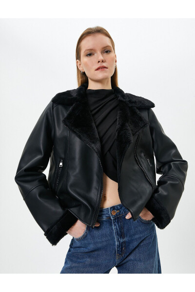 Faux Leather Biker Jacket with Faux Fur Lining and Zipper - 1