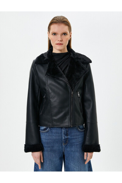 Faux Leather Biker Jacket with Faux Fur Lining and Zipper - 3