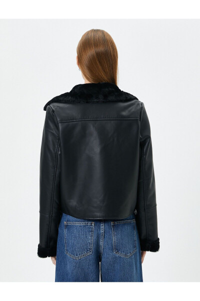 Faux Leather Biker Jacket with Faux Fur Lining and Zipper - 4