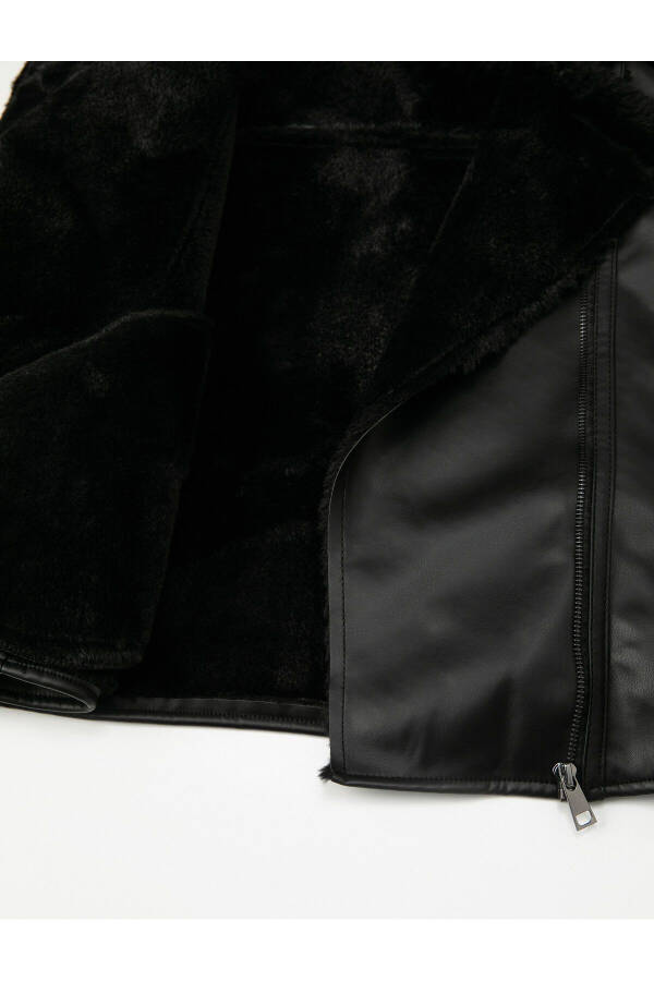 Faux Leather Biker Jacket with Faux Fur Lining and Zipper - 6