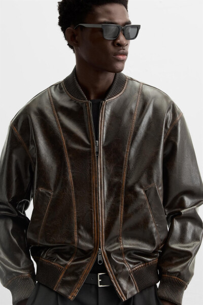 Faux leather bomber jacket, chocolate color. - 13