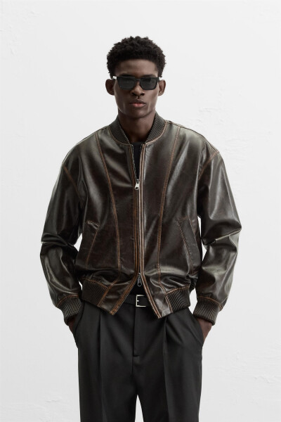 Faux leather bomber jacket, chocolate color. - 2