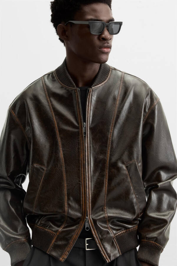 Faux leather bomber jacket, chocolate color. - 5