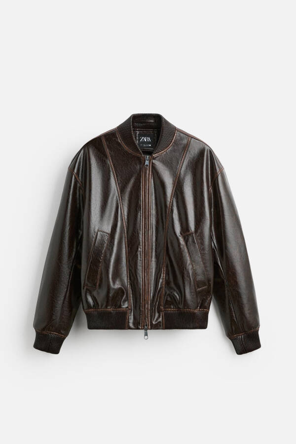 Faux leather bomber jacket, chocolate color. - 6