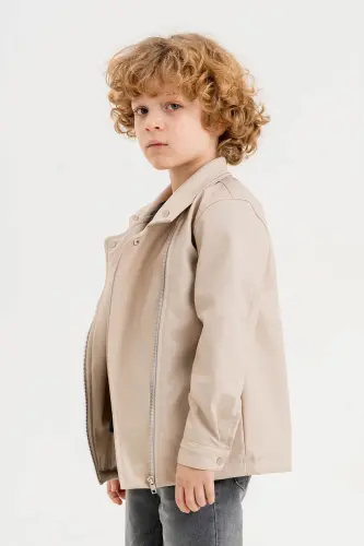 Faux Leather Boys' Zip-Up Jacket - Ecru - 4