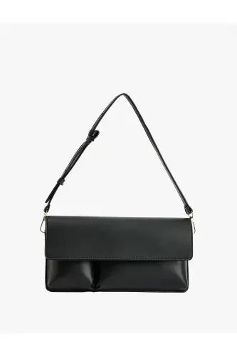 Faux Leather Flap Over Shoulder Baguette Bag - Black - 1