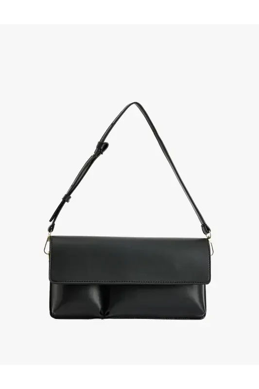 Faux Leather Flap Over Shoulder Baguette Bag - Black - KOTON