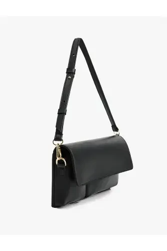 Faux Leather Flap Over Shoulder Baguette Bag - Black - KOTON (1)