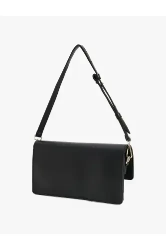 Faux Leather Flap Over Shoulder Baguette Bag - Black - 3