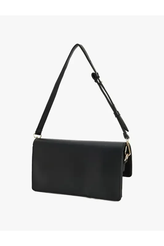Faux Leather Flap Over Shoulder Baguette Bag - Black - 3