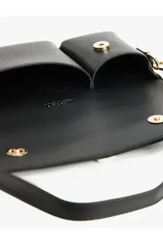 Faux Leather Flap Over Shoulder Baguette Bag - Black - 4