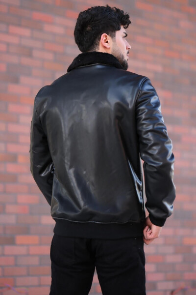 Faux leather jacket with fur detail, elastic collar. - 4