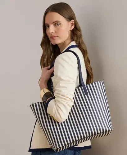 Faux-Leather Large Reversible Tote Bag - Navy/Stripe - 3