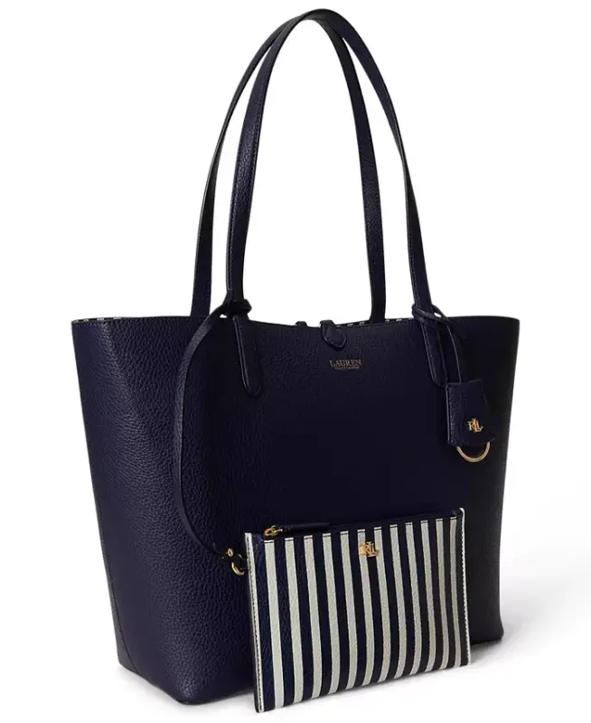 Faux-Leather Large Reversible Tote Bag - Navy/Stripe - LAUREN RALPH LAUREN