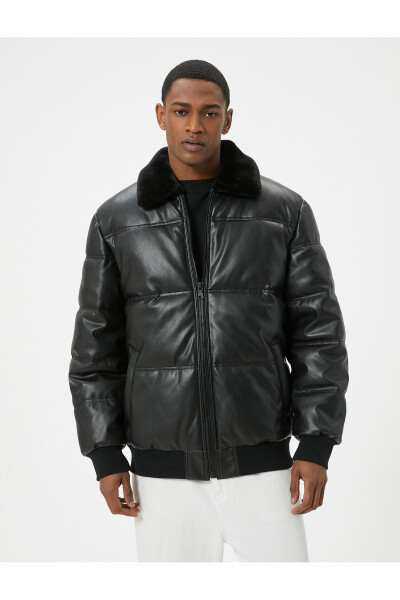 Faux leather puffer jacket with fur collar and pockets. - 3