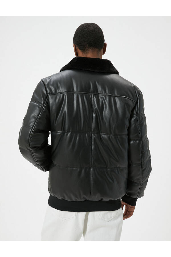 Faux leather puffer jacket with fur collar and pockets. - 4