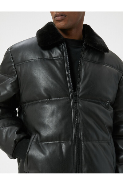 Faux leather puffer jacket with fur collar and pockets. - 5