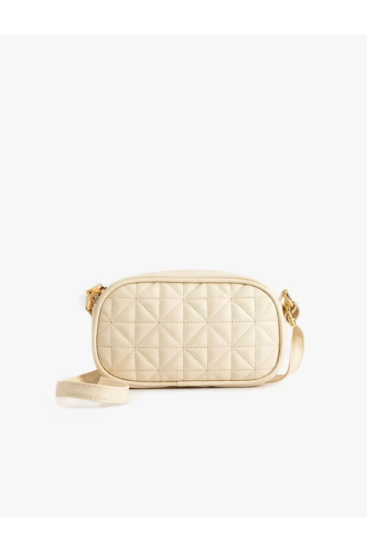 Faux Leather Quilted Zippered Shoulder Bag-Ecru - KOTON