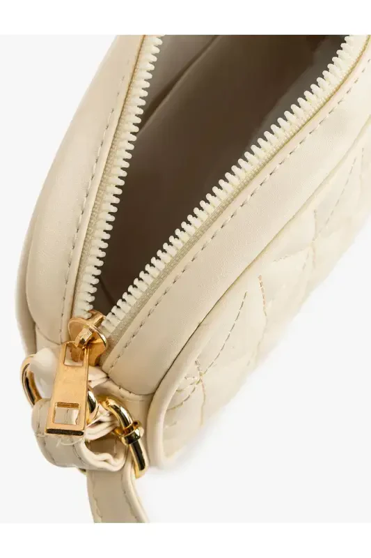 Faux Leather Quilted Zippered Shoulder Bag-Ecru - 5