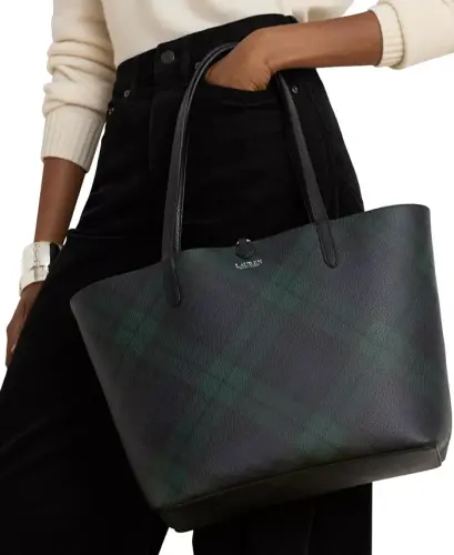 Faux-Leather Reversible Extra-Large Tote Bag - Black Watch Tartan - 3
